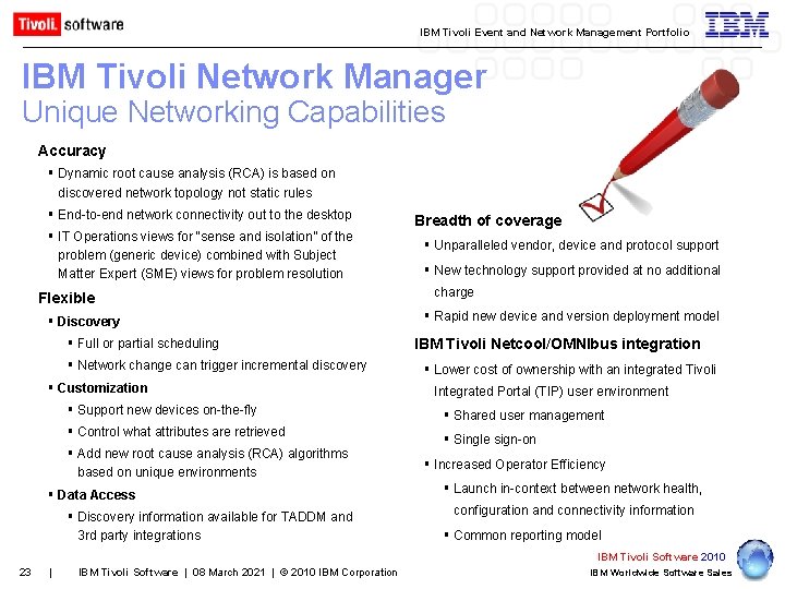 IBM Tivoli Event and Network Management Portfolio IBM Tivoli Network Manager Unique Networking Capabilities