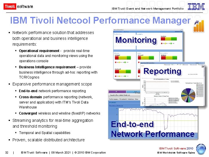 IBM Tivoli Event and Network Management Portfolio IBM Tivoli Netcool Performance Manager § Network