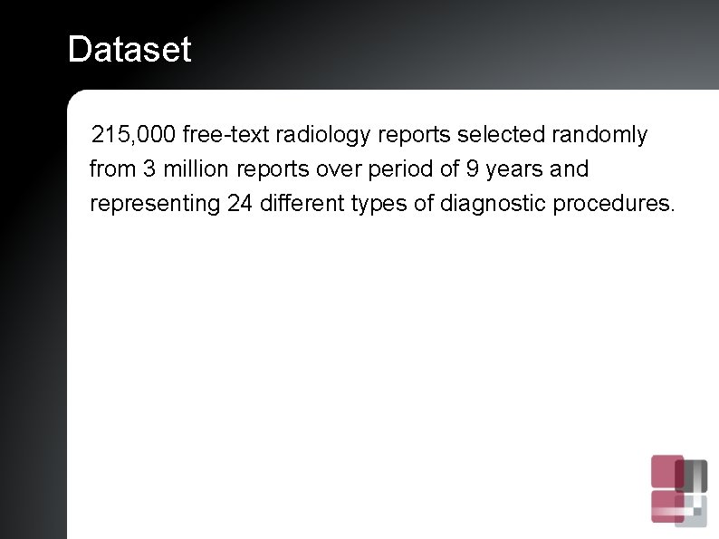 Dataset 215, 000 free-text radiology reports selected randomly from 3 million reports over period