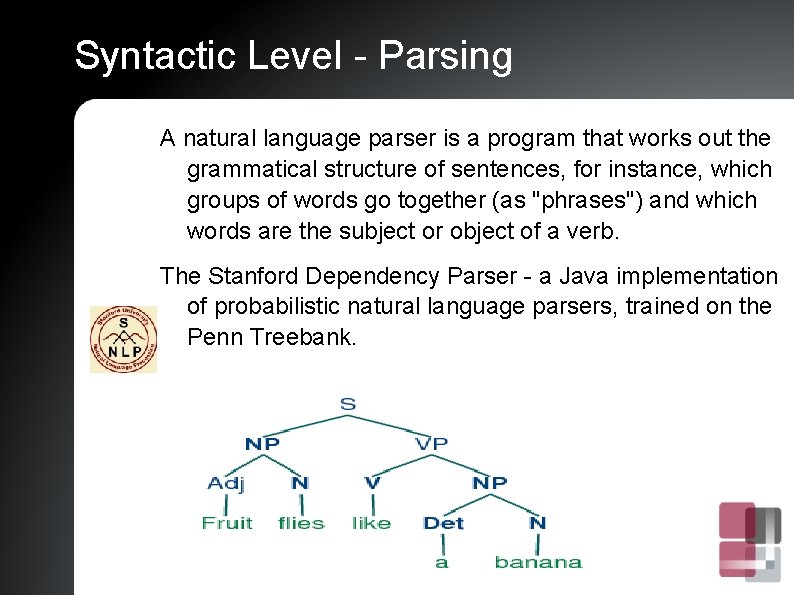 Syntactic Level - Parsing A natural language parser is a program that works out