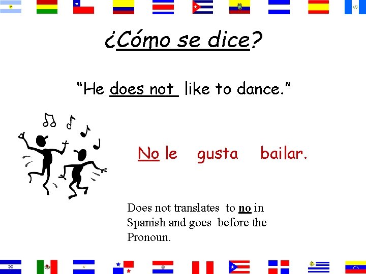 ¿Cómo se dice? “He does not like to dance. ” No le gusta bailar.