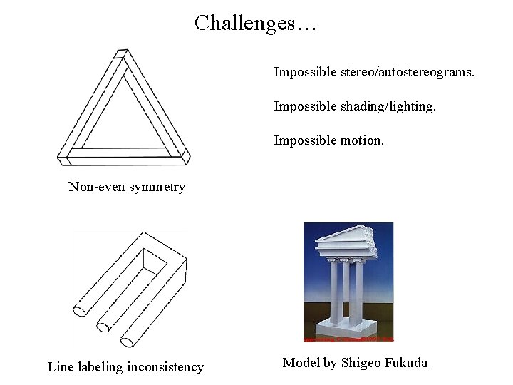 Challenges… Impossible stereo/autostereograms. Impossible shading/lighting. Impossible motion. Non-even symmetry Line labeling inconsistency Model by