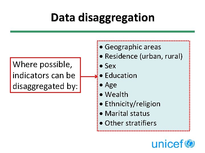 Data disaggregation Where possible, indicators can be disaggregated by: · Geographic areas · Residence