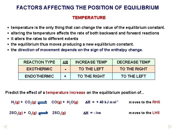 FACTORS AFFECTING THE POSITION OF EQUILIBRIUM TEMPERATURE • • • temperature is the only