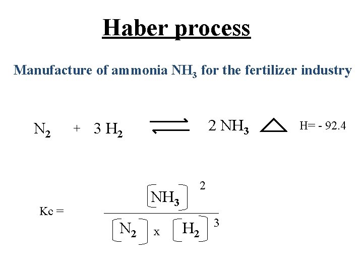 Haber process Manufacture of ammonia NH 3 for the fertilizer industry N 2 +