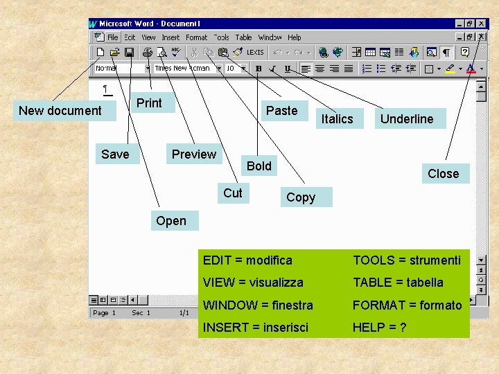 New document Save Print Paste Preview Italics Underline Bold Cut Close Copy Open EDIT