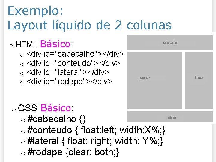 Exemplo: Layout líquido de 2 colunas o HTML Básico: o <div id="cabecalho"></div> o <div
