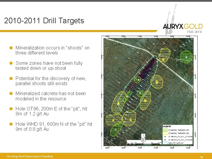 2010 -2011 Drill Targets TSX: AYX Mineralization occurs in “shoots” on three different levels