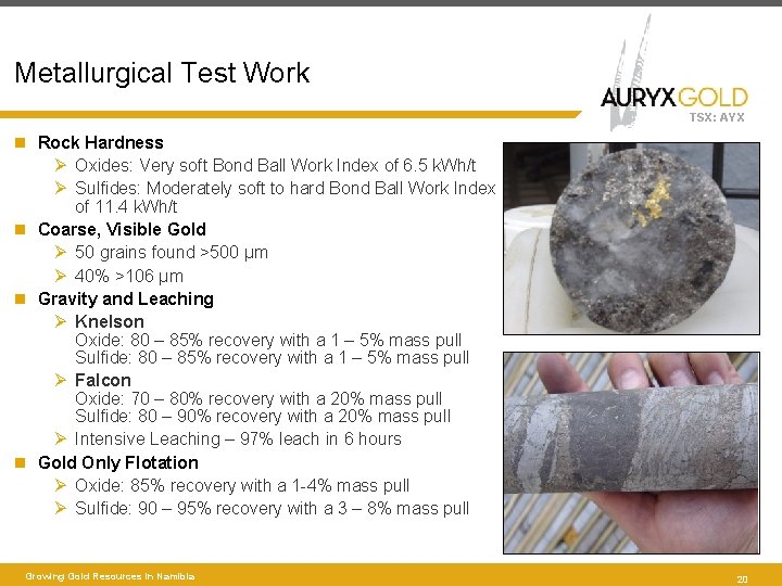 Metallurgical Test Work TSX: AYX Rock Hardness Ø Oxides: Very soft Bond Ball Work