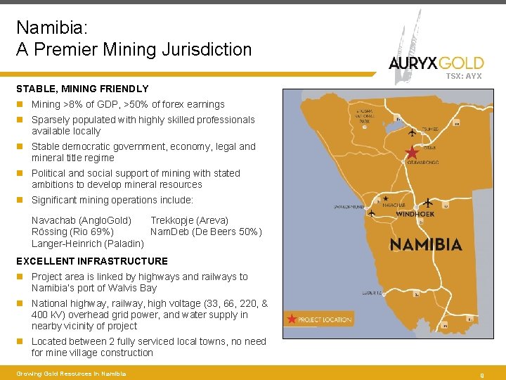 Namibia: A Premier Mining Jurisdiction TSX: AYX STABLE, MINING FRIENDLY Mining >8% of GDP,