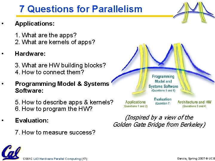 7 Questions for Parallelism • Applications: 1. What are the apps? 2. What are