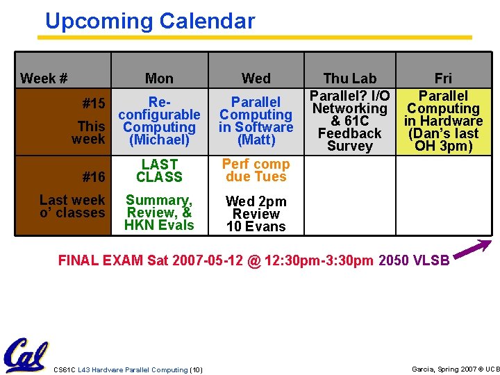 Upcoming Calendar Week # Mon Reconfigurable This Computing week (Michael) #15 #16 Last week