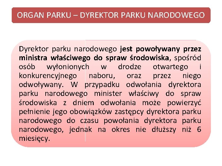 ORGAN PARKU – DYREKTOR PARKU NARODOWEGO Dyrektor parku narodowego jest powoływany przez ministra właściwego