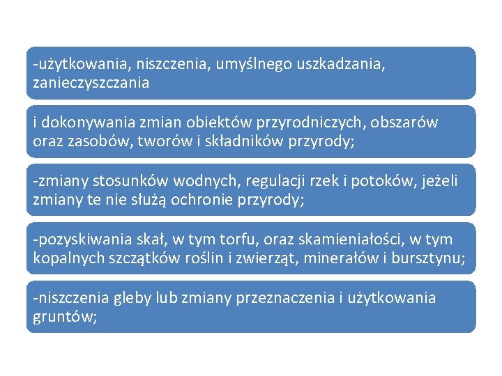 -użytkowania, niszczenia, umyślnego uszkadzania, zanieczyszczania i dokonywania zmian obiektów przyrodniczych, obszarów oraz zasobów, tworów