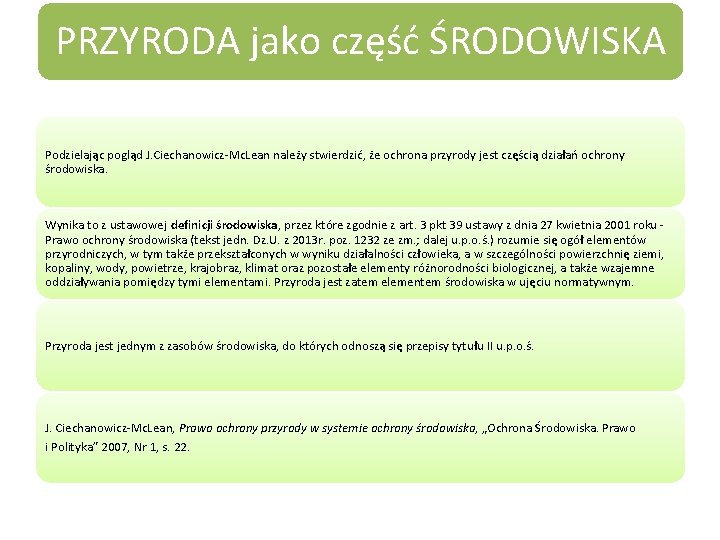 PRZYRODA jako część ŚRODOWISKA Podzielając pogląd J. Ciechanowicz-Mc. Lean należy stwierdzić, że ochrona przyrody