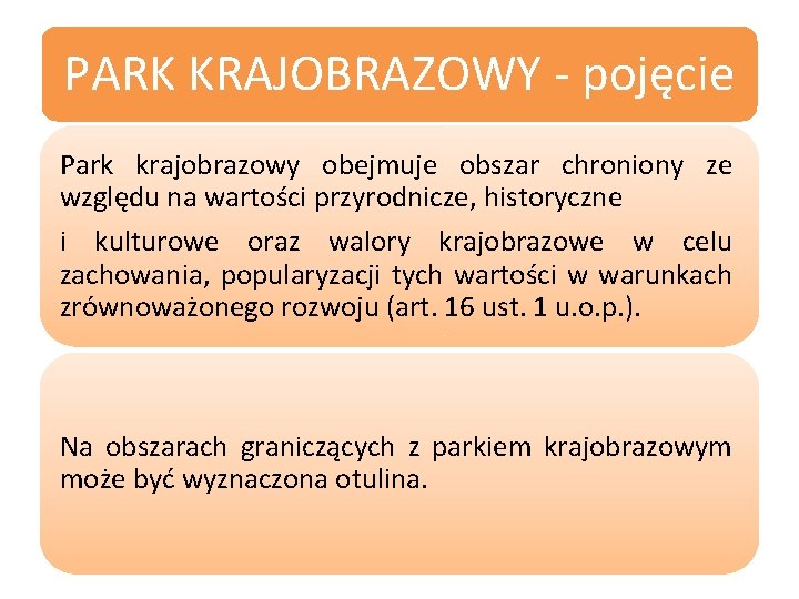 PARK KRAJOBRAZOWY - pojęcie Park krajobrazowy obejmuje obszar chroniony ze względu na wartości przyrodnicze,