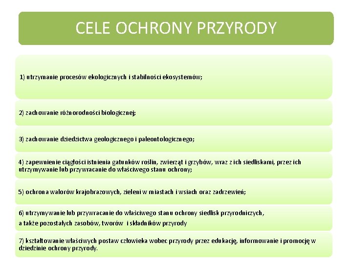 CELE OCHRONY PRZYRODY 1) utrzymanie procesów ekologicznych i stabilności ekosystemów; 2) zachowanie różnorodności biologicznej;