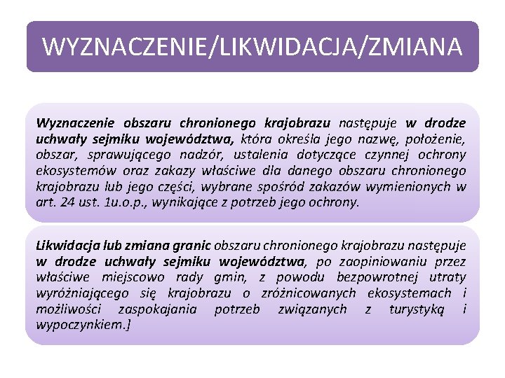 WYZNACZENIE/LIKWIDACJA/ZMIANA Wyznaczenie obszaru chronionego krajobrazu następuje w drodze uchwały sejmiku województwa, która określa jego