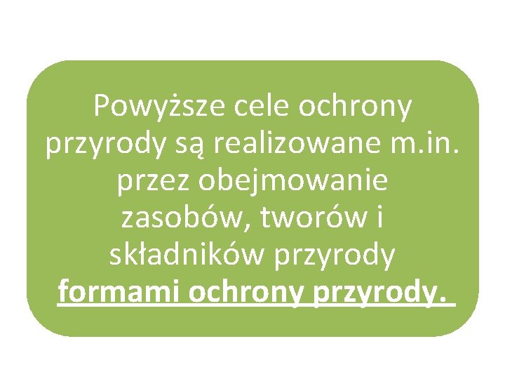 Powyższe cele ochrony przyrody są realizowane m. in. przez obejmowanie zasobów, tworów i składników