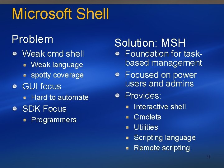 Microsoft Shell Problem Weak cmd shell Weak language spotty coverage GUI focus Hard to