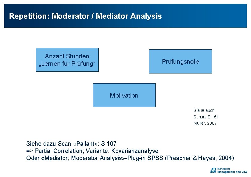 Repetition: Moderator / Mediator Analysis Anzahl Stunden „Lernen für Prüfung“ Prüfungsnote Motivation Siehe auch: