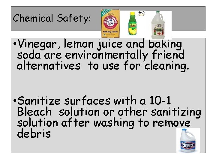 Chemical Safety: • Vinegar, lemon juice and baking soda are environmentally friend alternatives to Chemical Safety: • Vinegar, lemon juice and baking soda are environmentally friend alternatives to