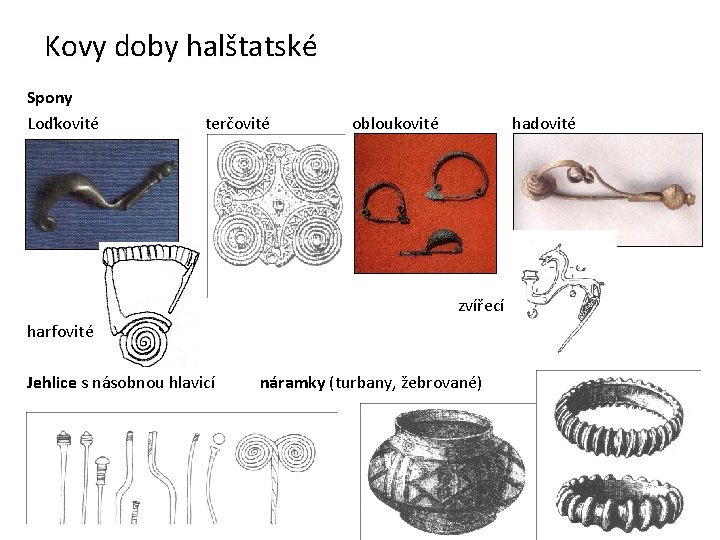 Kovy doby halštatské Spony Loďkovité terčovité obloukovité hadovité zvířecí harfovité Jehlice s násobnou hlavicí