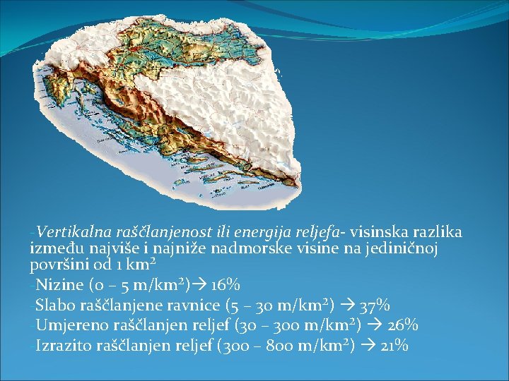 -Vertikalna raščlanjenost ili energija reljefa- visinska razlika između najviše i najniže nadmorske visine na