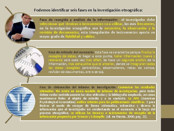 Podemos identificar seis fases en la investigación etnográfica: Fase de recogida y análisis de