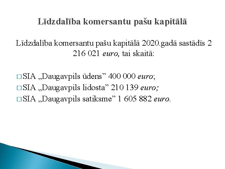 Līdzdalība komersantu pašu kapitālā 2020. gadā sastādīs 2 216 021 euro, tai skaitā: �
