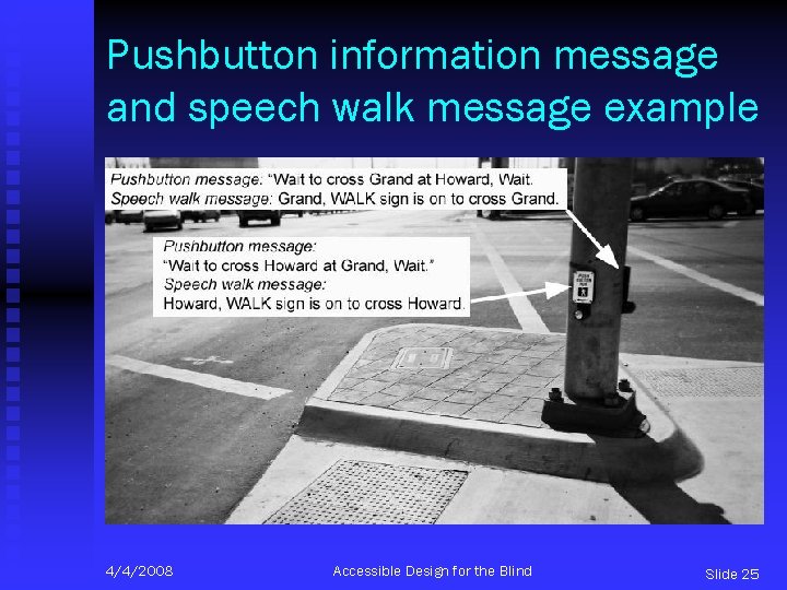 Pushbutton information message and speech walk message example 4/4/2008 Accessible Design for the Blind