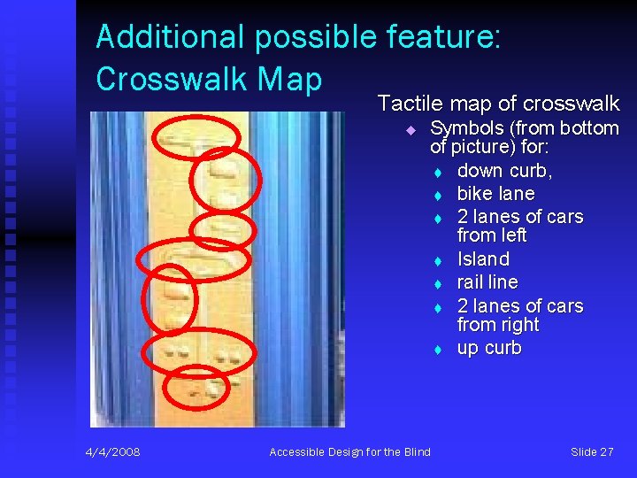 Additional possible feature: Crosswalk Map Tactile map of crosswalk u 4/4/2008 Symbols (from bottom