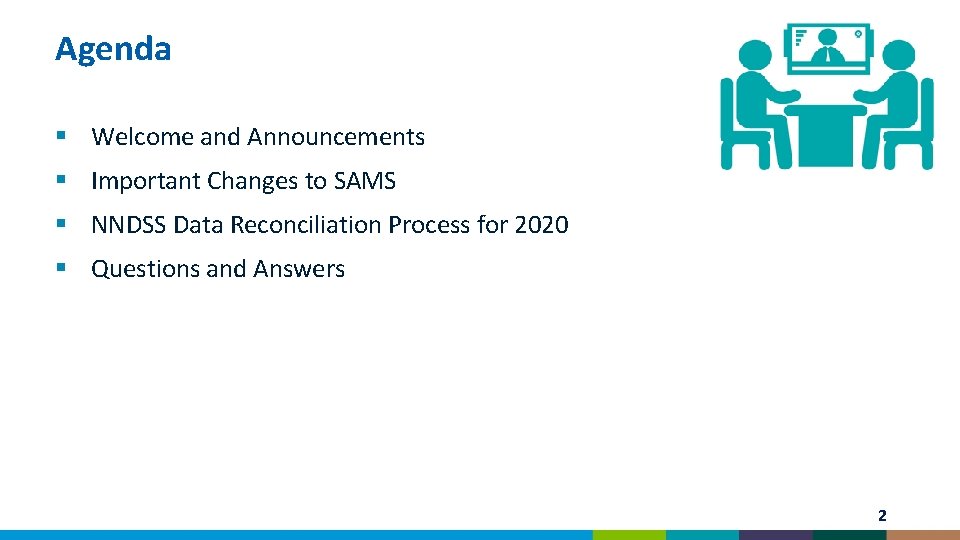 Agenda § Welcome and Announcements § Important Changes to SAMS § NNDSS Data Reconciliation