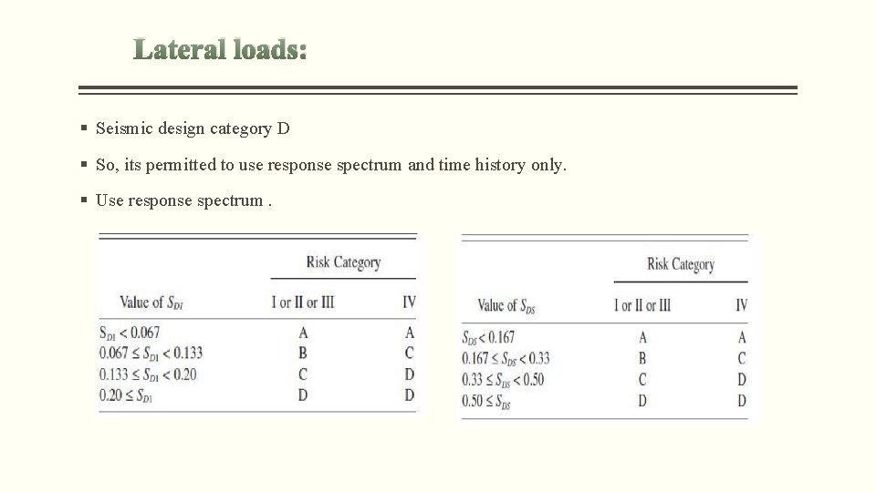 Lateral loads: § Seismic design category D § So, its permitted to use response