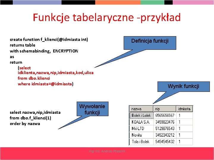 Funkcje tabelaryczne -przykład create function f_klienci(@idmiasta int) returns table with schemabinding, ENCRYPTION as return