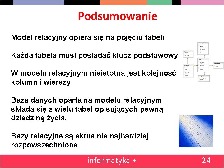 Podsumowanie Model relacyjny opiera się na pojęciu tabeli Każda tabela musi posiadać klucz podstawowy