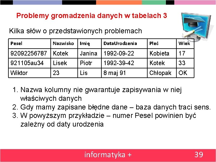 Problemy gromadzenia danych w tabelach 3 Kilka słów o przedstawionych problemach Pesel Nazwisko Imię