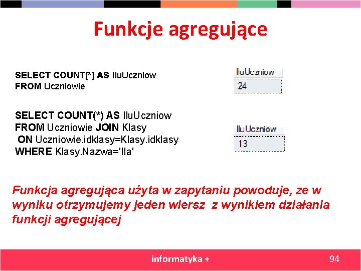 Funkcje agregujące SELECT COUNT(*) AS Ilu. Uczniow FROM Uczniowie JOIN Klasy ON Uczniowie. idklasy=Klasy.