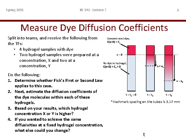 Spring 2015 BE 191 - Lecture 7 3 Measure Dye Diffusion Coefficients Split into