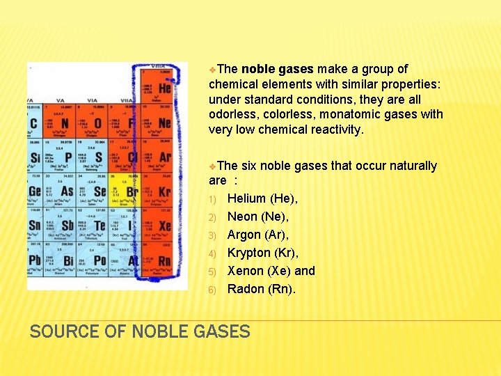 v. The noble gases make a group of chemical elements with similar properties: under