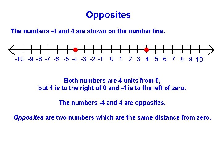 Opposites The numbers -4 and 4 are shown on the number line. -10 -9