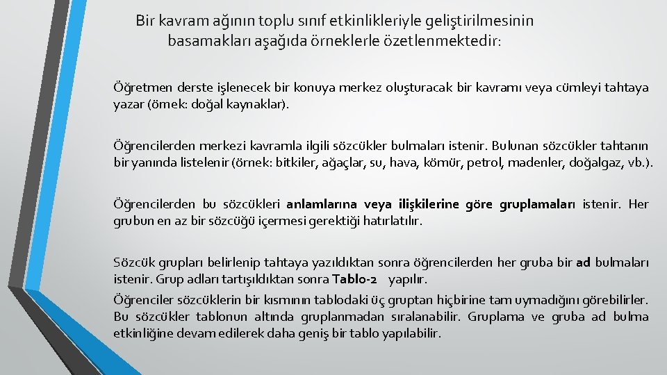 Bir kavram ağının toplu sınıf etkinlikleriyle geliştirilmesinin basamakları aşağıda örneklerle özetlenmektedir: Öğretmen derste işlenecek