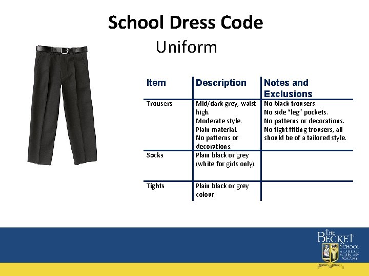 School Dress Code Uniform Item Description Notes and Exclusions Trousers Mid/dark grey, waist high.