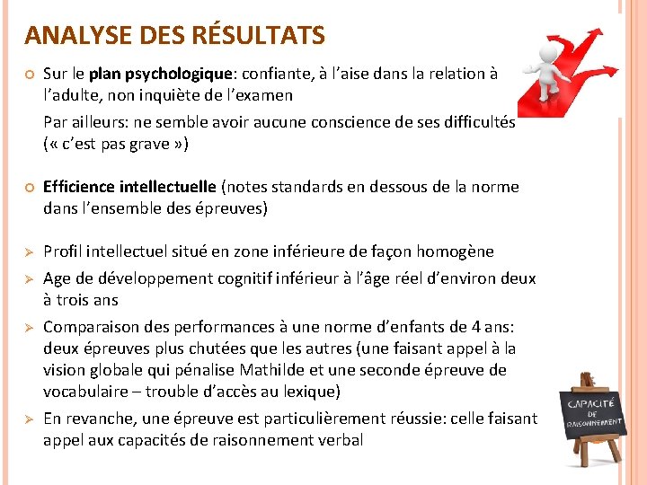 ANALYSE DES RÉSULTATS Sur le plan psychologique: confiante, à l’aise dans la relation à ANALYSE DES RÉSULTATS Sur le plan psychologique: confiante, à l’aise dans la relation à