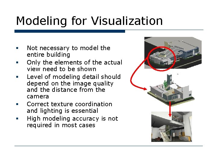 Modeling for Visualization § § § Not necessary to model the entire building Only