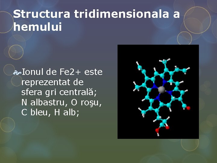 Structura tridimensionala a hemului Ionul de Fe 2+ este reprezentat de sfera gri centrală;