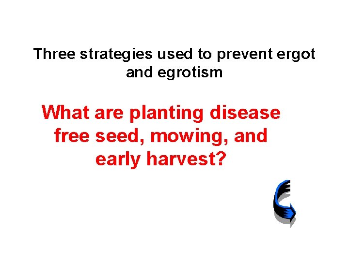 Three strategies used to prevent ergot and egrotism What are planting disease free seed,