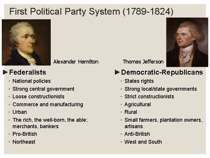 First Political Party System (1789 -1824) Alexander Hamilton ►Federalists ◦ ◦ ◦ National policies