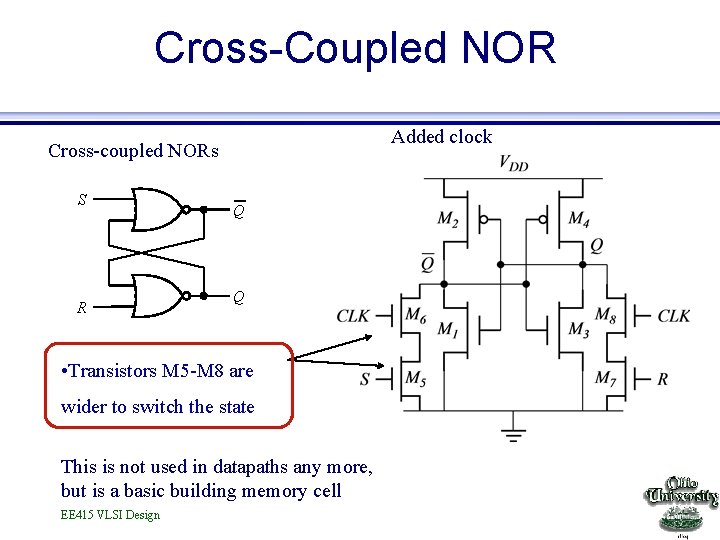 Cross-Coupled NOR Added clock Cross-coupled NORs S R Q Q • Transistors M 5