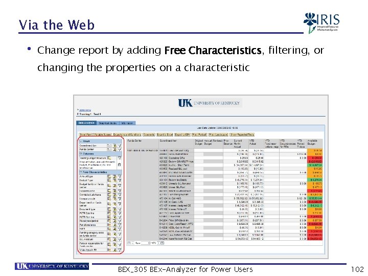 Via the Web • Change report by adding Free Characteristics, filtering, or changing the